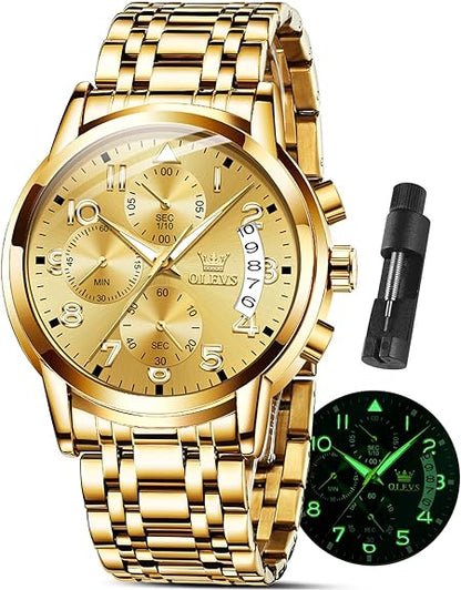 OLEVS Men's Stainless Steel Chronograph Watch, Big Face Gold Silver Black Tone,Luxury Waterproof Date Diamond Roman Arabic Numerals Dial