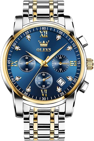 OLEVS Men's Stainless Steel Chronograph Watch, Big Face Gold Silver Black Tone,Diamond Roman Arabic Numerals Dial