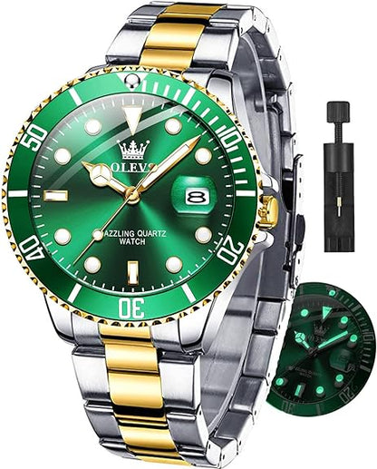 OLEVS Men's Stainless Steel Chronograph Watch, Big Face Two Tone Stainless Steel Man Watch Luminous Green Dial