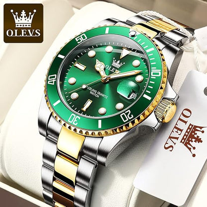 OLEVS Men's Stainless Steel Chronograph Watch, Big Face Two Tone Stainless Steel Man Watch Luminous Green Dial